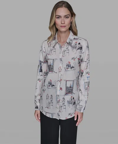 Karl Lagerfeld Women's Printed Button-front Blouse In Gray