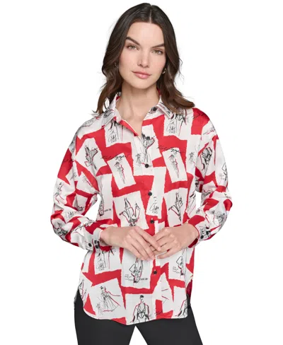 Karl Lagerfeld Womens Printed Satin Button-down Top In Admiral Red