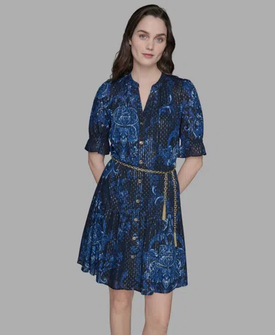 Karl Lagerfeld Women's Printed Chain-belt Ruffle-sleeve Dress In Blue