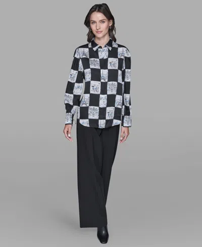 Karl Lagerfeld Women's Printed Collared Long-sleeve Blouse In Black