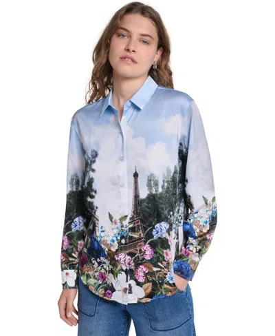 Karl Lagerfeld Womens Printed Collared Neck Blouse In Multi