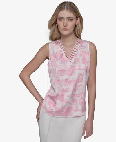 Karl Lagerfeld Women's Printed Crisscross V-neck Blouse In Pink Sherbert