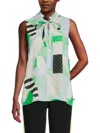 Karl Lagerfeld Women's Printed Geometric Pattern Technical Tie-neck Sleeveless Blouse