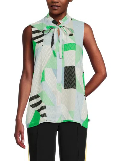 Karl Lagerfeld Women's Printed Geometric Pattern Technical Tie-neck Sleeveless Blouse