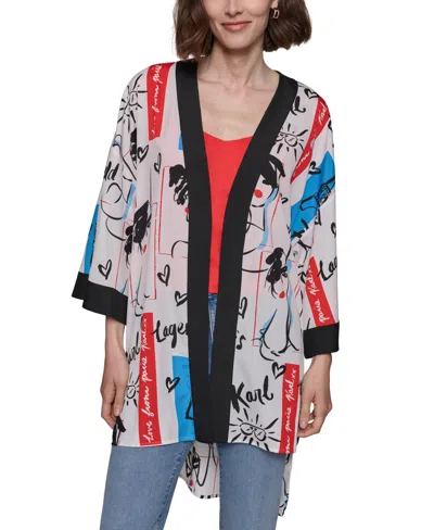 Karl Lagerfeld Women's Printed Kimono High-low-hem Top In Soft White