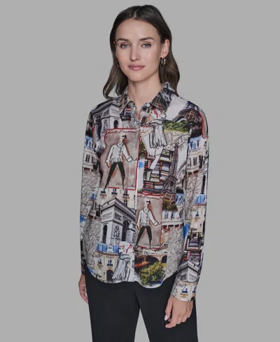 Karl Lagerfeld Women's Printed Long-sleeve Blouse In Black