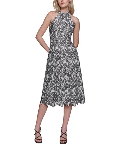 Karl Lagerfeld Women's Printed Mock-neck Lace Dress In Sft Wt,blk
