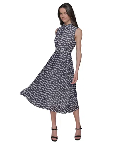 Karl Lagerfeld Women's Printed Mock Neck Midi Dress In Soft White,marne Combo