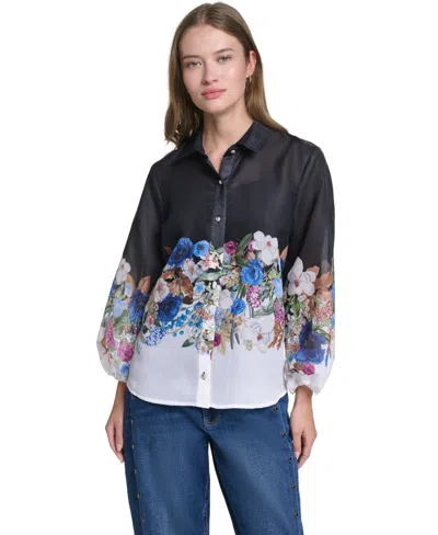 Karl Lagerfeld Women's Printed Organza Puff-sleeve Blouse In Soft White,black Multi