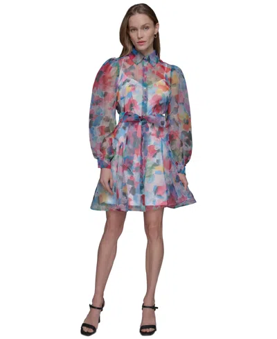 Karl Lagerfeld Women's Printed Organza Tie-waist Dress In Sf Wt,bl H
