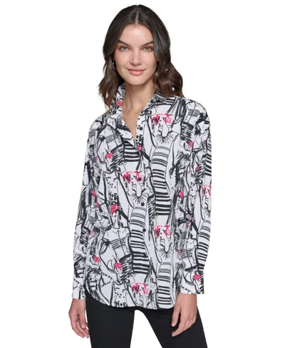 Karl Lagerfeld Women's Printed Oversized Button-front Top In Soft White  Teaberry