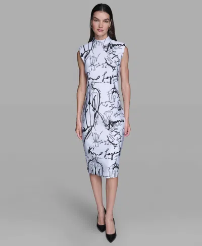 Karl Lagerfeld Women's Printed Paris Print Mock Neck Scuba Sheath Dress In White