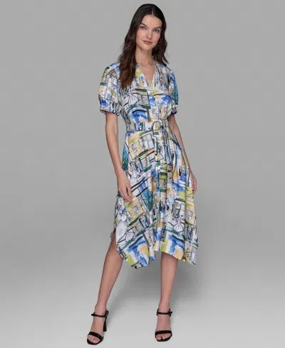 Karl Lagerfeld Women's Printed Paris Scene Belted High-low Shirtdress