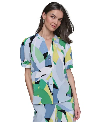 Karl Lagerfeld Women's Printed Puff-sleeve Button-front Top In Flore Green  Chambray