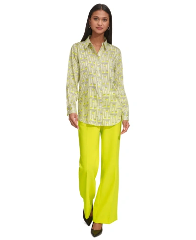 Karl Lagerfeld Women's Printed Roll-cuff Button-front Shirt In Chartreuse Multi