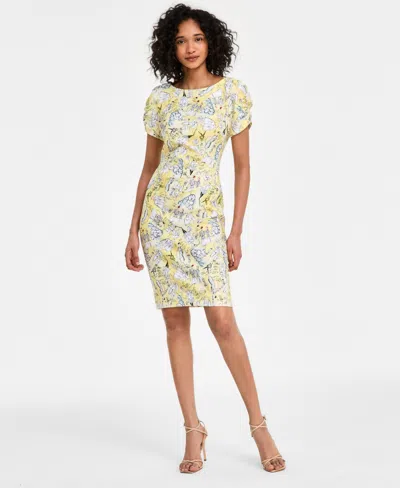 Karl Lagerfeld Women's Printed Ruched-sleeve Dress In Frsia Yel