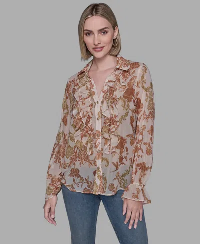 Karl Lagerfeld Women's Printed Ruffled Long Sleeves Blouse In Brown