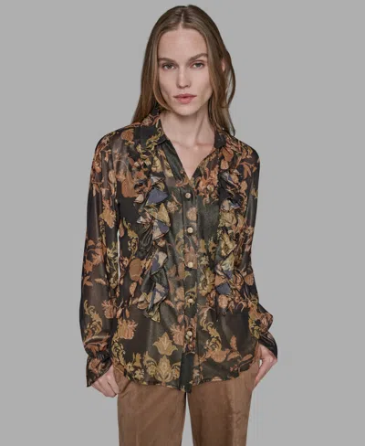 Karl Lagerfeld Women's Printed Ruffled Long Sleeves Blouse In Brown