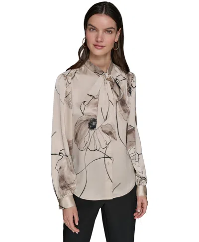 Karl Lagerfeld Women's Printed Satin Tie-neck Blouse In Gray