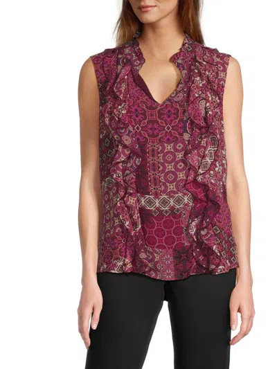 Karl Lagerfeld Women's Printed Sleeveless Ruffle Top In Brown