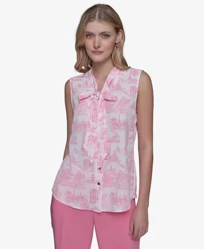 Karl Lagerfeld Women's Printed Tie-neck Blouse In Pink Sherbet,soft White