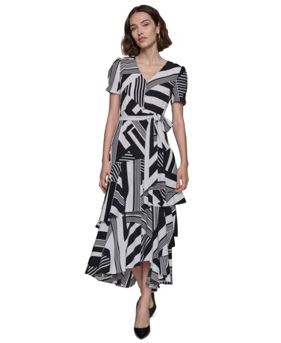 Karl Lagerfeld Women's Printed Tie-waist Tiered V-neck Dress In Soft White