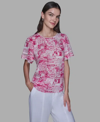 Karl Lagerfeld Women's Printed Trim Detail Top In Pink