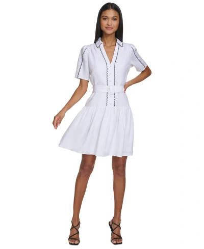 Karl Lagerfeld Women's Puff-sleeve Belted A-line Dress In White