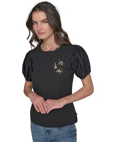 Karl Lagerfeld Women's Puff-sleeve Pin Tee In Black