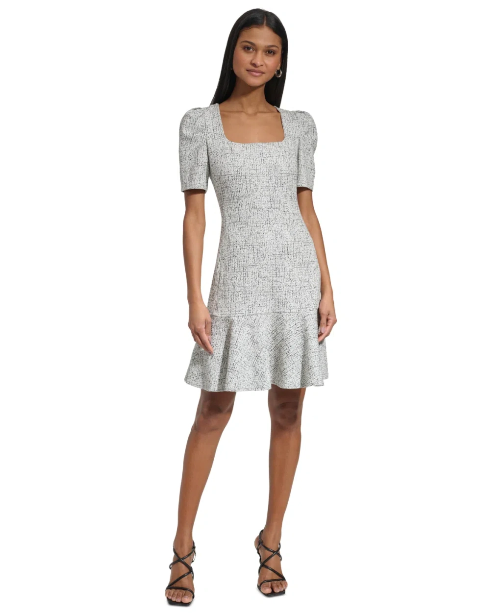 Karl Lagerfeld Square Neck Puff Sleeve Jacquard Dress In Black White |  ModeSens
