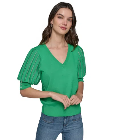 Karl Lagerfeld Women's Puffed-sleeve V-neck Sweater In Flore Green