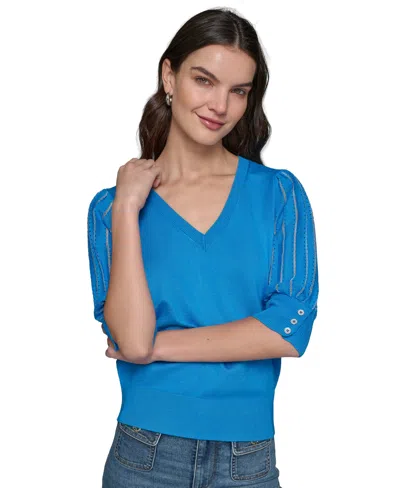 Karl Lagerfeld Women's Puffed-sleeve V-neck Sweater In French Blue