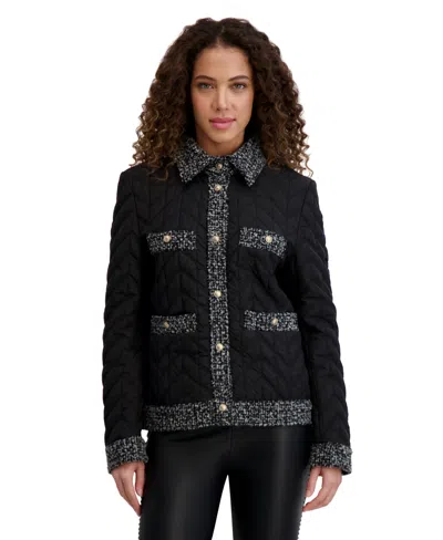 Karl Lagerfeld Women's Quilted Tweed-trim Coat In Black