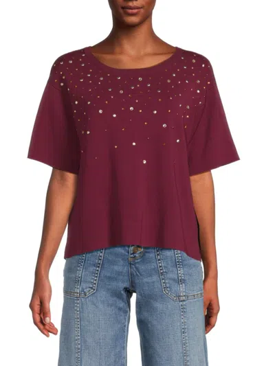 Karl Lagerfeld Women's Rhinestone & Stud Embellished Knit Top In Burgundy