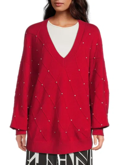 Karl Lagerfeld Women's Rhinestone-embellished Drop Shoulder Sweater In Red