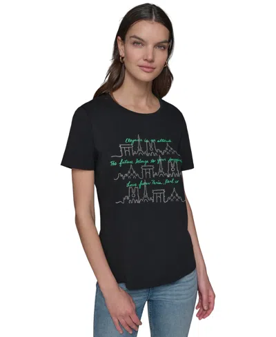 Karl Lagerfeld Women's Rhinestone Paris Skyline Graphic T-shirt In Black  Flore Green