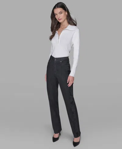 Karl Lagerfeld Women's Rhinestone-stripe Straight-leg Jeans In White