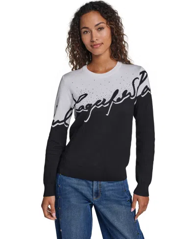 Karl Lagerfeld Women's Rhinestone-logo Long-sleeve Colorblock Sweater In Multi