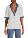 Shop Karl Lagerfeld Women's Ribbed Polo Shirt In Soft White Indigo
