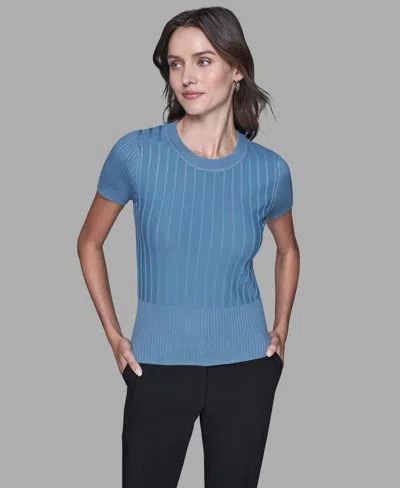 Karl Lagerfeld Women's Ribbed Short-sleeve Sweater In Blue