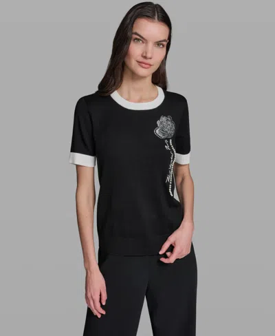 Karl Lagerfeld Women's Rose Detail Crewneck Sweater In Black