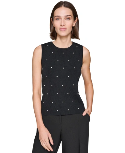 Karl Lagerfeld Women's Round-neck Faux-peal Sleeveless Sweater Top In Black
