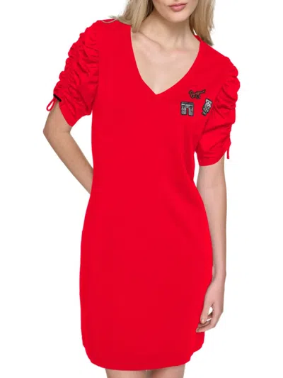 Karl Lagerfeld Women's Ruched Sleeve Embroidered Minidress In Red