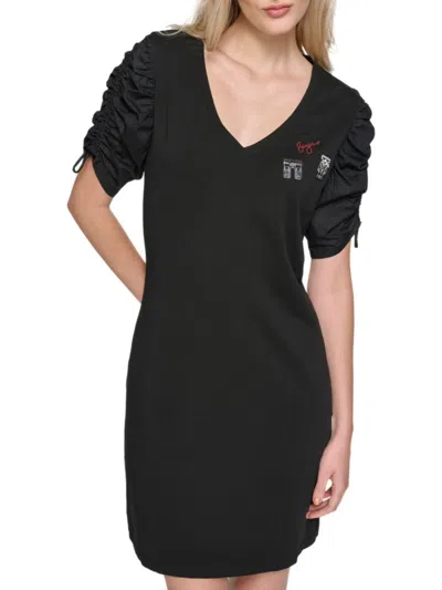Karl Lagerfeld Women's Ruched Sleeve Embroidered Minidress In Black