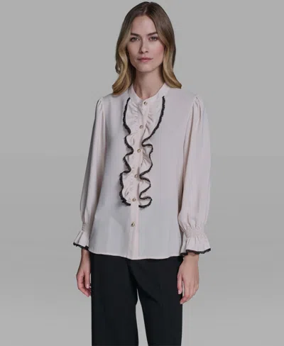 Karl Lagerfeld Women's Ruffle Lace Trim Long-sleeve Blouse In Pink