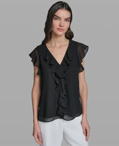 Karl Lagerfeld Women's Ruffle Rosette Trim V-neck Blouse In Black