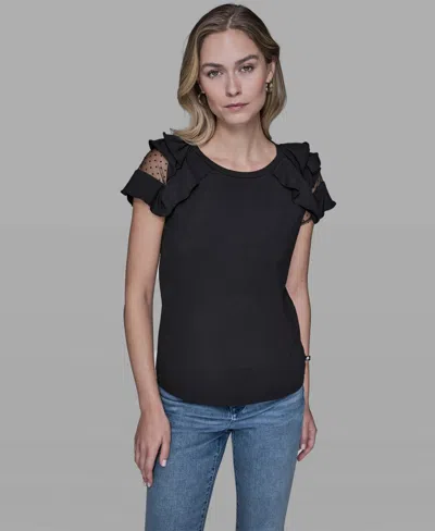 Karl Lagerfeld Women's Ruffle-sleeve Pull-on Top In Black