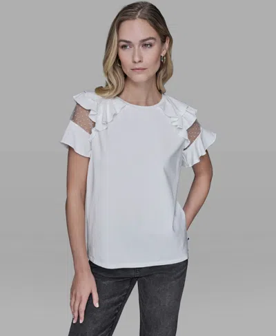 Karl Lagerfeld Women's Ruffle-sleeve Pull-on Top In White