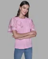 Karl Lagerfeld Floral Knit Flutter Sleeve Top In Pink