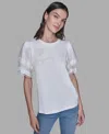 Karl Lagerfeld Women's Ruffled Crewneck Floral Top In White